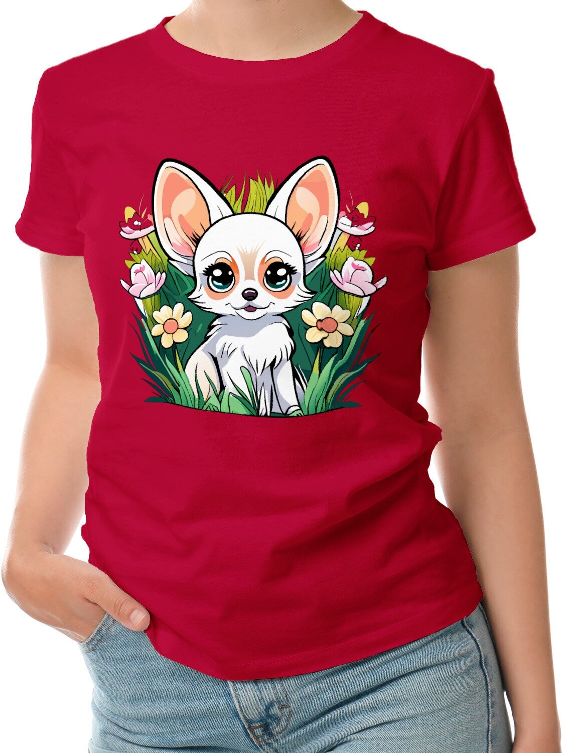 Женская футболка «Милая собачка среди травы и цветов» (L 