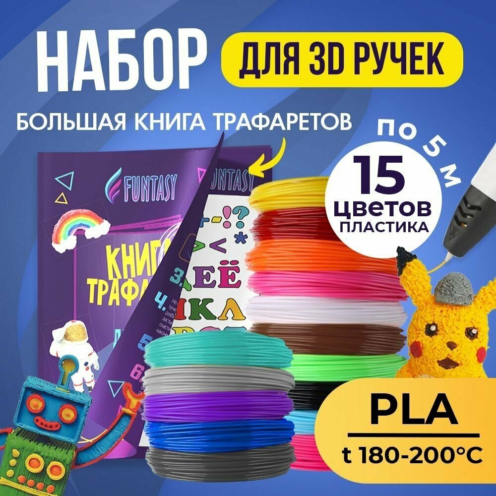 Трафарет для 3D-ручки + Набор PLA пластика (5 цветов по 5 метров)