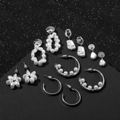 фото Серьги набор 6 пар "жемчужные" с кольцами, цвет белый в серебре queen fair