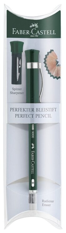 Карандаш ч/г Faber-Castell "Castell 9000" B, заточ., с ластиком и колпачком-точилкой, пластиковый футляр