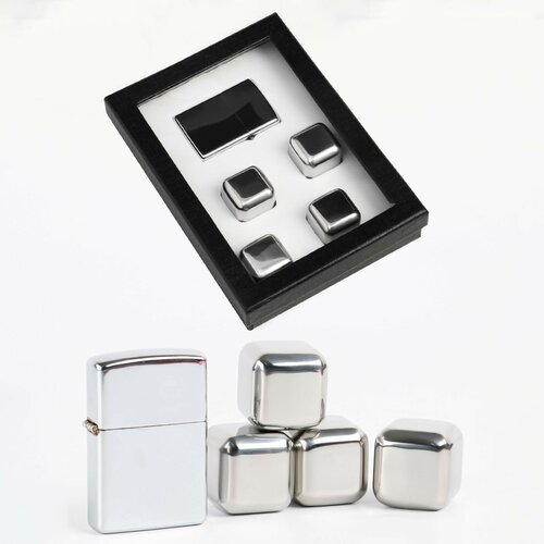 Подарочный набор бензиновая зажигалка и кубики для виски из нержавеющей стали 4 шт 931₽