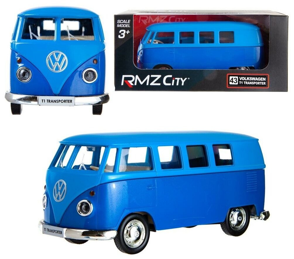 Машинка металлическая Uni-Fortune RMZ City 1:32 Автобус инерционный Volkswagen Type 2 (T1) Transporter, цвет матовый голубой с синим, 16,5*7,5*7 см