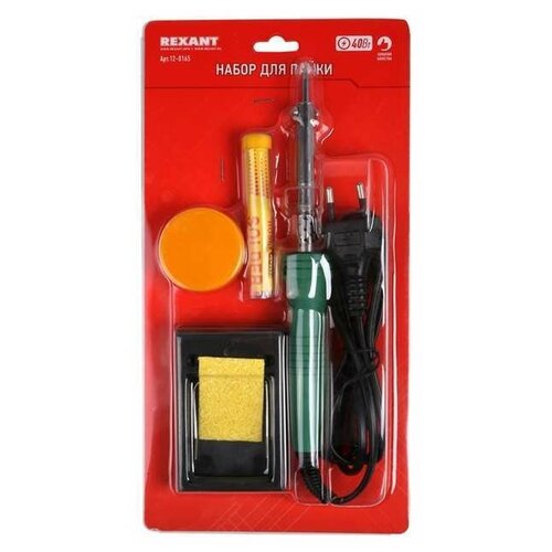 Набор для пайки 11 паяльник 30Вт подставка губка для удаления припоя канифоль припой Rexant 12-0165 5 упак 707400₽