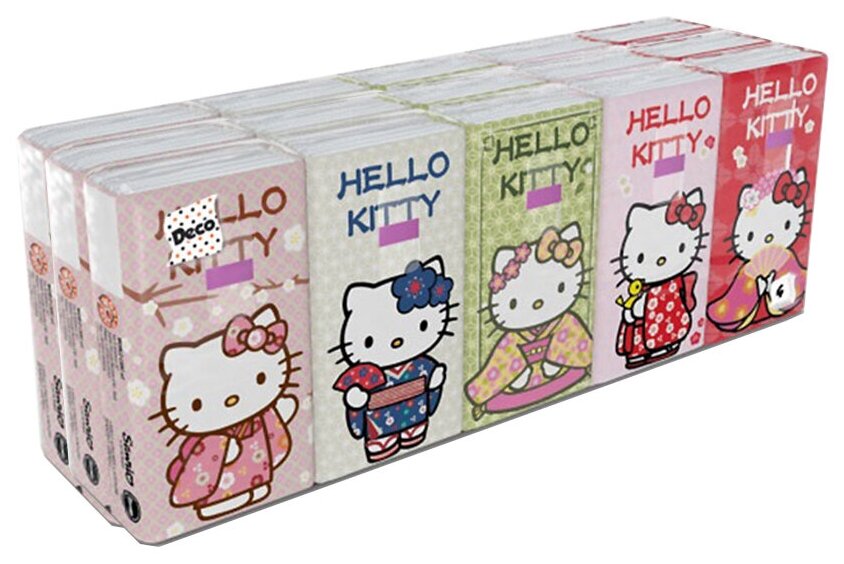 Бумажные платочки "Hello Kitty" с рисунком, 4 слоя, 15 пачек х 9 листов, 21х21 см - фотография № 1
