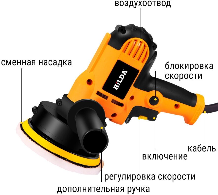 Полировальная машина HiLDA DWE-6401 с набором насадок - фотография № 5