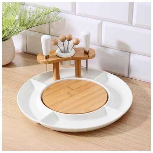 фото Набор для сырного ассорти и канапе "эстет" 2 ножа, 4 шпажки, доска для нарезки 593184 доляна