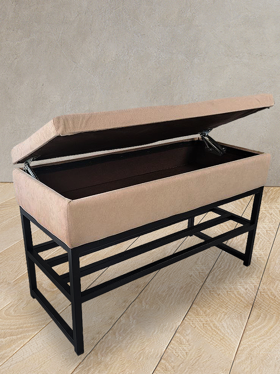 Банкетка с ящиком для хранения и с полками для обуви в прихожую, черный каркас, бежевый верх - фотография № 5