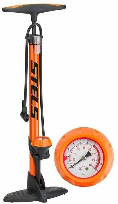 Насос для велосипеда напольный ручной STELS ZF-037 алюминиевый с манометром оранжевый (item:020)