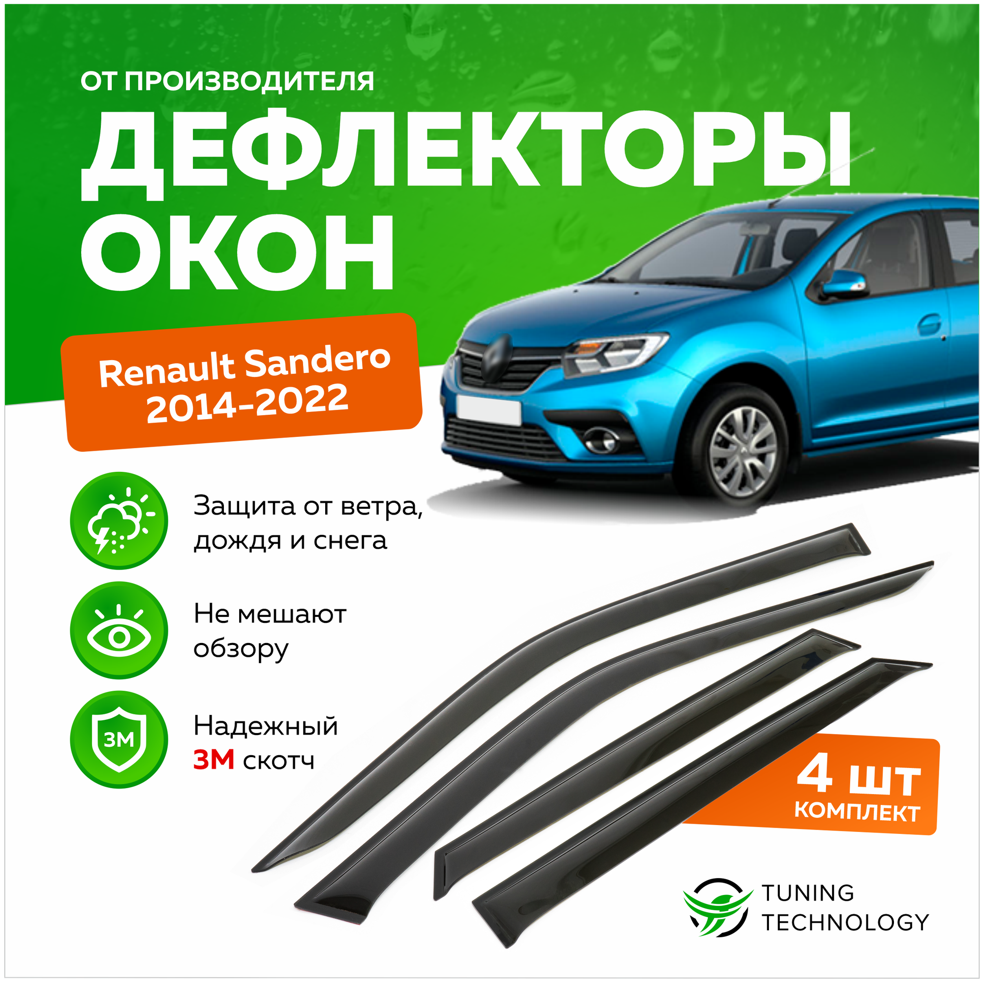 Дефлекторы боковых окон Renault Sandero (Рено Сандеро) 2014-2023, ветровики на двери автомобиля, ТТ