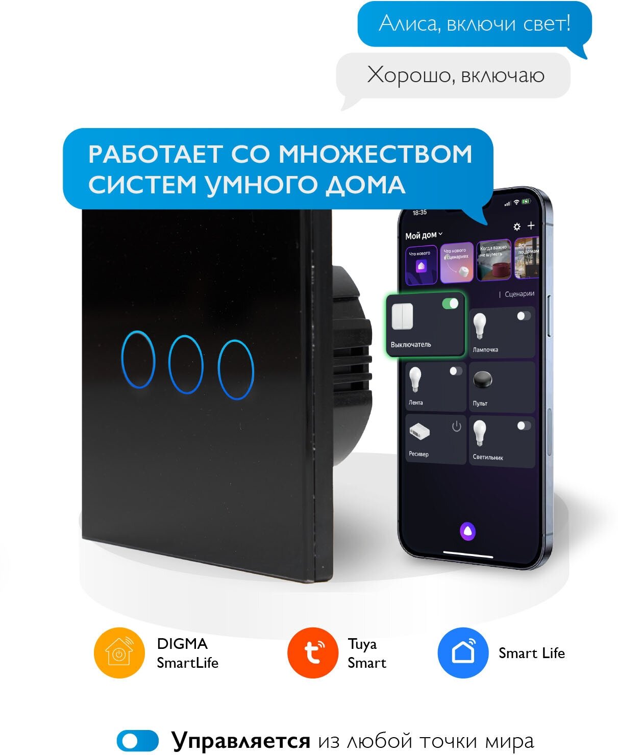 Умный сенсорный стеклянный выключатель с Алисой Easy Tech на 3 группы света, черный, 1000W/ переключатель света - фотография № 2