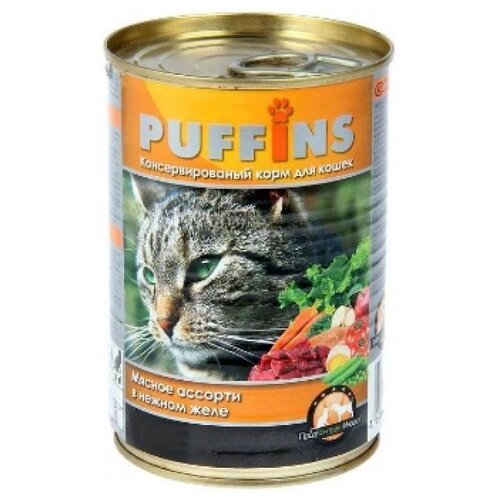 Влажный корм для кошек Puffins Мясное ассорти в нежном желе (банка) 415 г (кусочки в желе)