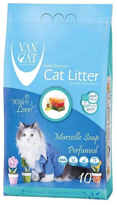 VAN CAT MARSEILLE SOAP 10кг Наполнитель комкующийся для кошачьего туалета с ароматом марсельского мыла