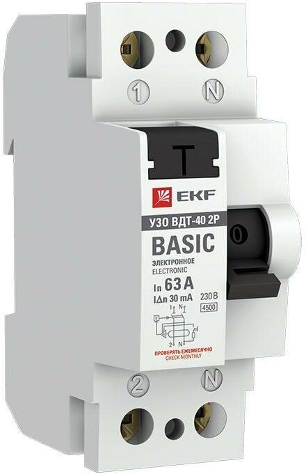 Выключатель дифференциального тока (УЗО) 2п 63А 30мА тип AC Basic электрон. EKF elcb-2-63-30e-sim