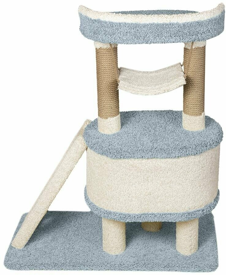 Высокая когтеточка-столбик с домиком и лежанкой для кошек "Игруля" голубой - фотография № 5