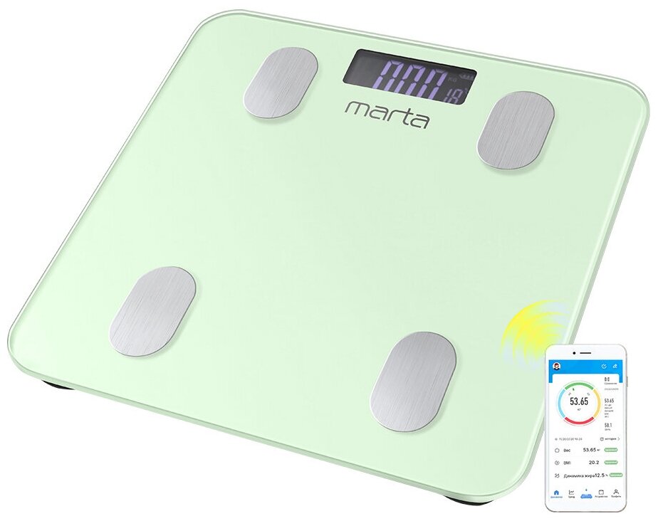 Весы напольные MARTA MT-1683 зеленый нефрит LCD диагностические, умные с Bluetooth