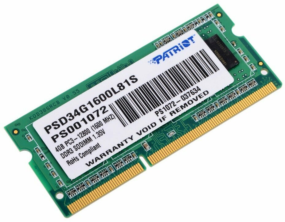 Модуль памяти Patriot Memory DDR3L SO-DIMM 1600Mhz PC3-12800 CL11 - 4Gb PSD34G1600L81S