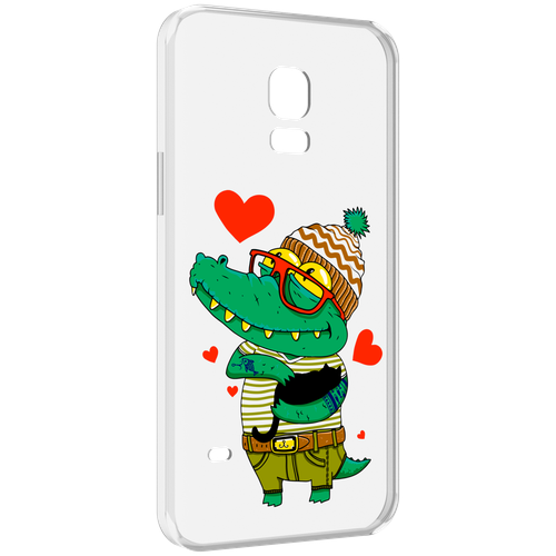 Чехол MyPads зеленый-крокодильчик-в-красной-оправе для Samsung Galaxy S5 mini задняя-панель-накладка-бампер