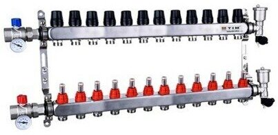 Коллекторная группа нерж. со встр. расх. в сборе +2 крана и термометра 1х12 вых. 3/4 ЕК TIM