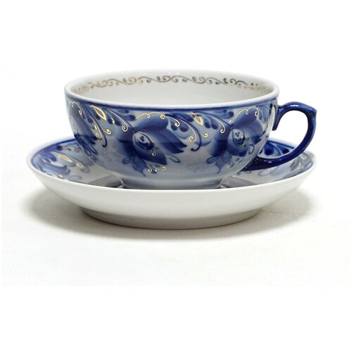 Чашка чайная с блюдцем Гжель 220 мл Рубин Голубые тюльпаны Золото