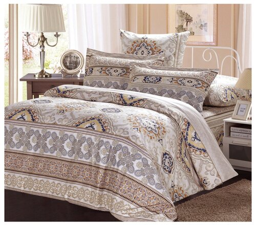 Комплект постельного белья СайлиД A-164, 2-спальное, поплин, белый/бежевый/серый