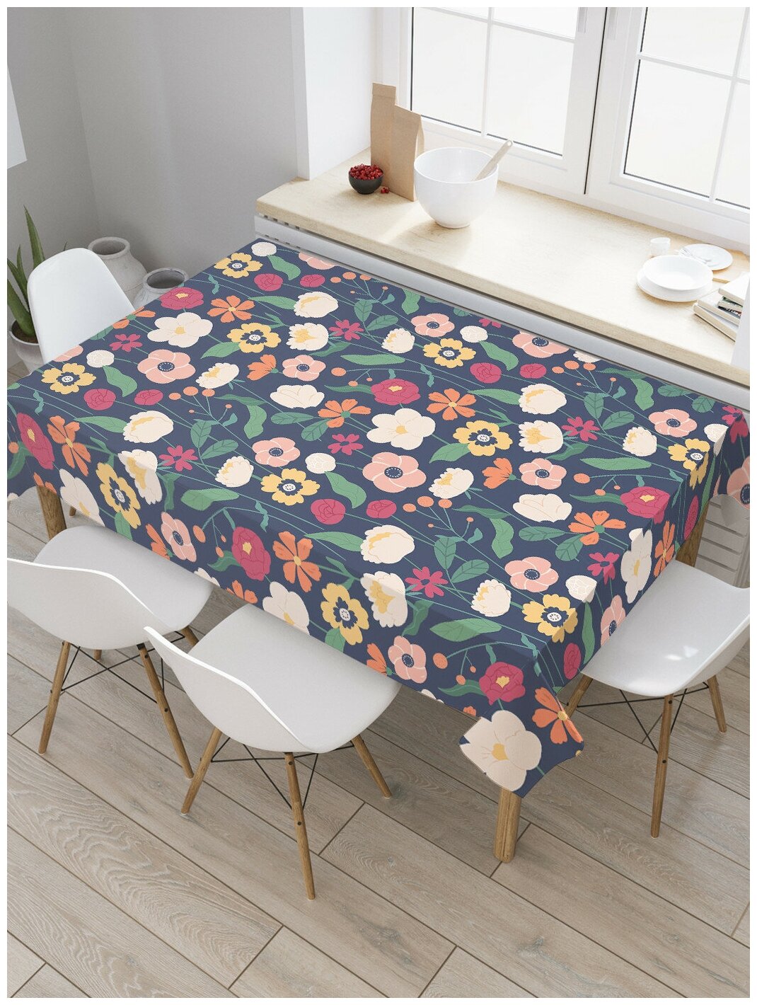 Прямоугольная тканевая скатерть на стол JoyArty с рисунком "Поле цветов" 120 на 145 см