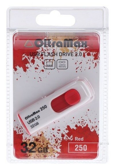 Флешка OltraMax 250, 32 Гб, USB2.0, чт до 15 Мб/с, зап до 8 Мб/с, красная