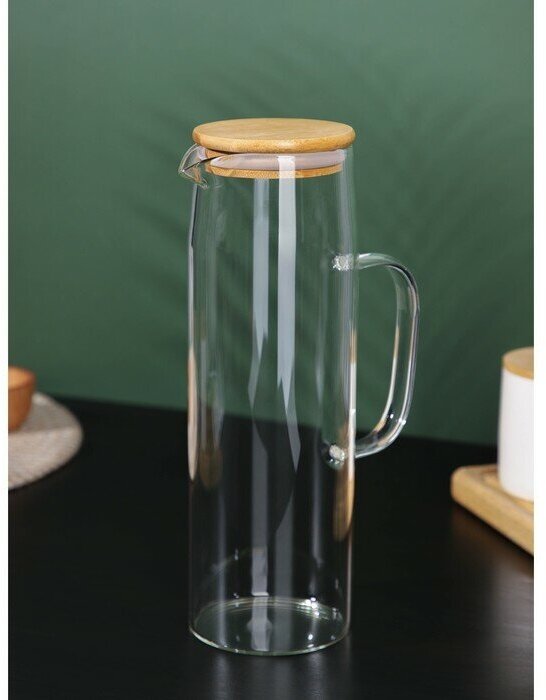 фото Кувшин стеклянный с бамбуковой крышкой BellaTenero «Эко», 1,3 л, 14×9×27 см