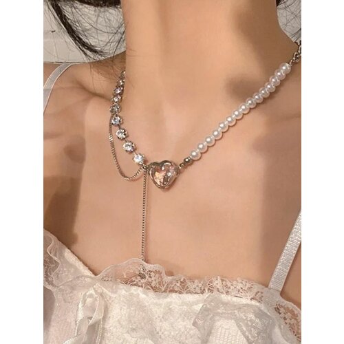 Колье жемчуг с сердцем, длина 51 см, розовый, серебряный