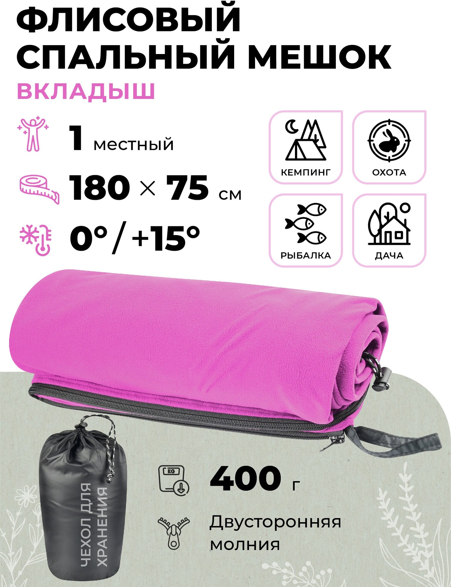 Флисовый спальный мешок-вкладыш одноместный 180х75 см/Одинарный вкладыш в спальник туристический/Походное одеяло для кемпинга
