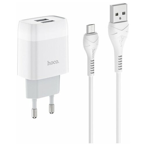 Сетевое зарядное устройство (СЗУ) Hoco C73A (2 USB) + кабель MicroUSB, 2.4 А, белый сетевое зарядное устройство hoco c73a glorious кабель lightning global белый