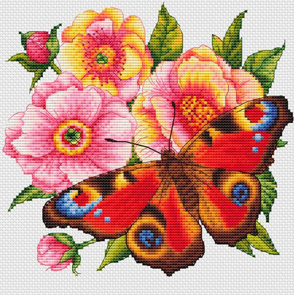 Набор для вышивания крестиком Белоснежка "Пионы и бабочка" / Набор для вышивания крестиком 20х19 см / Бабочка / Цветы