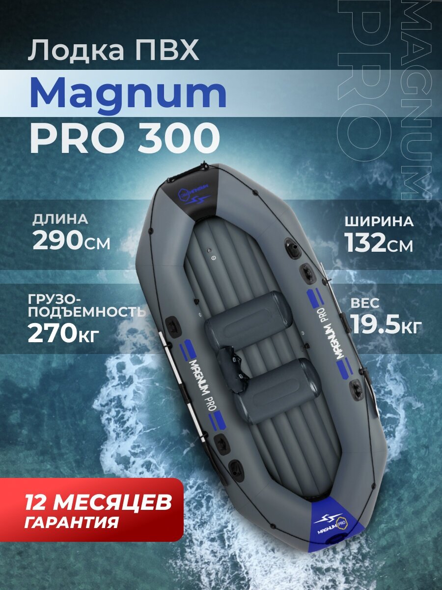 Лодка ПВХ под мотор надувная серый двухместная гребная для рыбалки Magnum PRO 300 грузоподьемность 270 кг