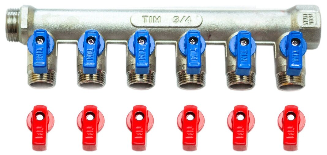 Коллектор запорный Tim MV-3/4-N-6 3/4" НР-ВР 6 отводов 1/2"