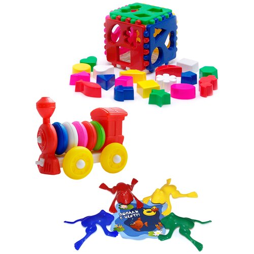фото Набор развивающий: игрушка "кубик логический большой" + конструктор-каталка "паровозик" + команда ква №1,каролина тойз karolina toys