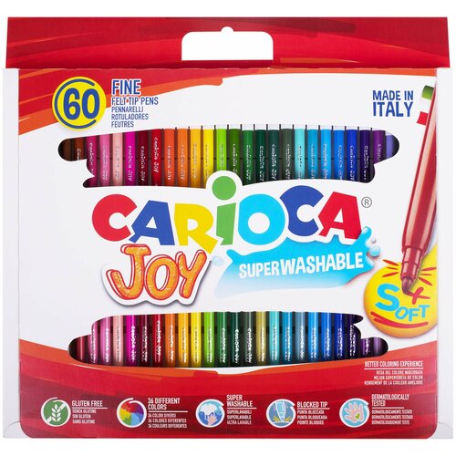Фломастеры CARIOCA (Италия) "Joy", 60 шт, 30 цветов, суперсмываемые, картонная коробка с ручкой