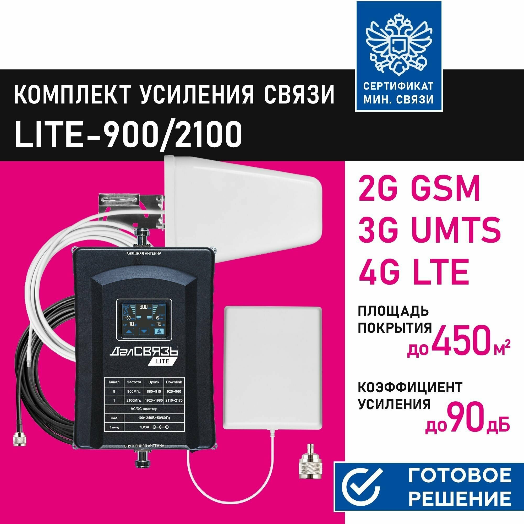 Усилитель сигнала сотовой связи (репитер). Комплект ДалСвязь LITE-900/2100