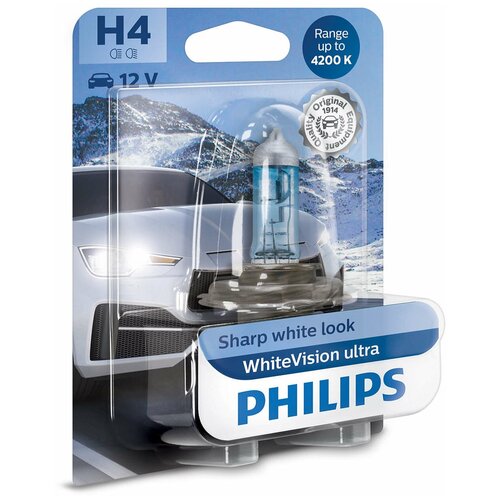 PHILIPS Автолампа H4 60/55 P43t-38 WhiteVision ultra 4200K блистер 12V 12342WVUB1