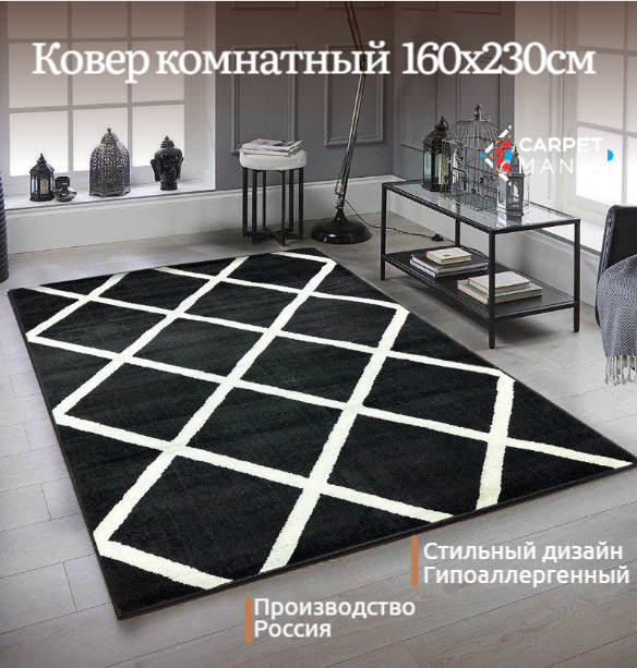 Ковер на пол прямоугольный 15769 Black-White 160х230 см; ковер для комнаты с ворсом 8 мм; палас для комнаты; коврик прикроватный; палас 1.6 на 2.3 ковролин