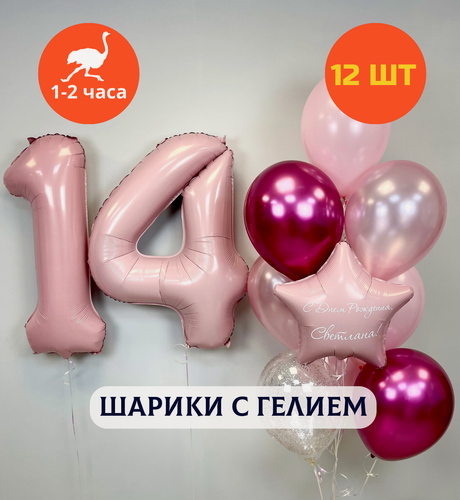 Изображение товара Воздушные шары с гелием, шары с днем рождения, набор шаров для девушки "Две цифры и розовый фонтан", 12 шт.