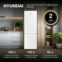 Холодильник Двухкамерный с нижней морозильной камерой HYUNDAI CC2051WT, Объем 168л, Класс A+, Тихий 39 дБ, LED освещение Белый