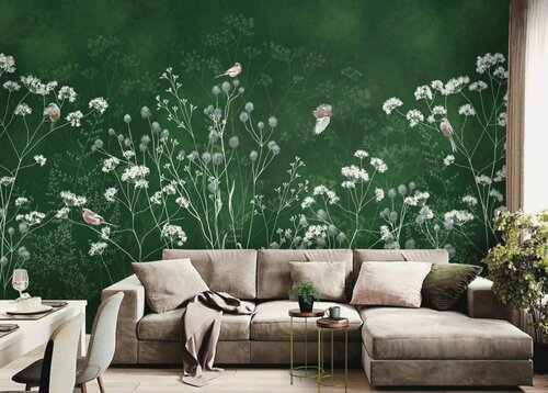 Изображение товара Фреска бесшовная "Птички Урагусы" изумрудно-зеленый (ширина 3100мм х длина 2000мм)