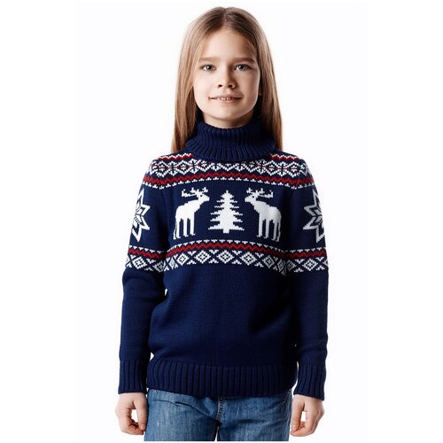 фото Детский свитер с норвежским рисунком и высоким горлом, двусторонняя жаккардовая вязка, натуральная шерсть, синий цвет, размер 110 anymalls