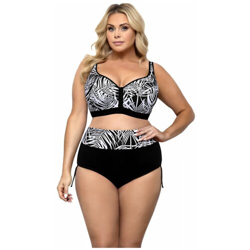 фото Черный раздельный купальник plus size с белым принтом в виде пальмовых листьев lorin