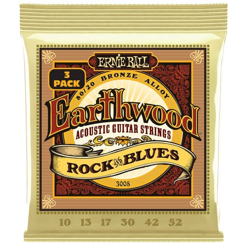 Струны ERNIE BALL 3008 Earthwood 80/20 Bronze Rock&Blues 3 Pack 10-52 для акустической гитары ernie ball 3008 набор из 3х комплектов для акуст гитары earthwood rock