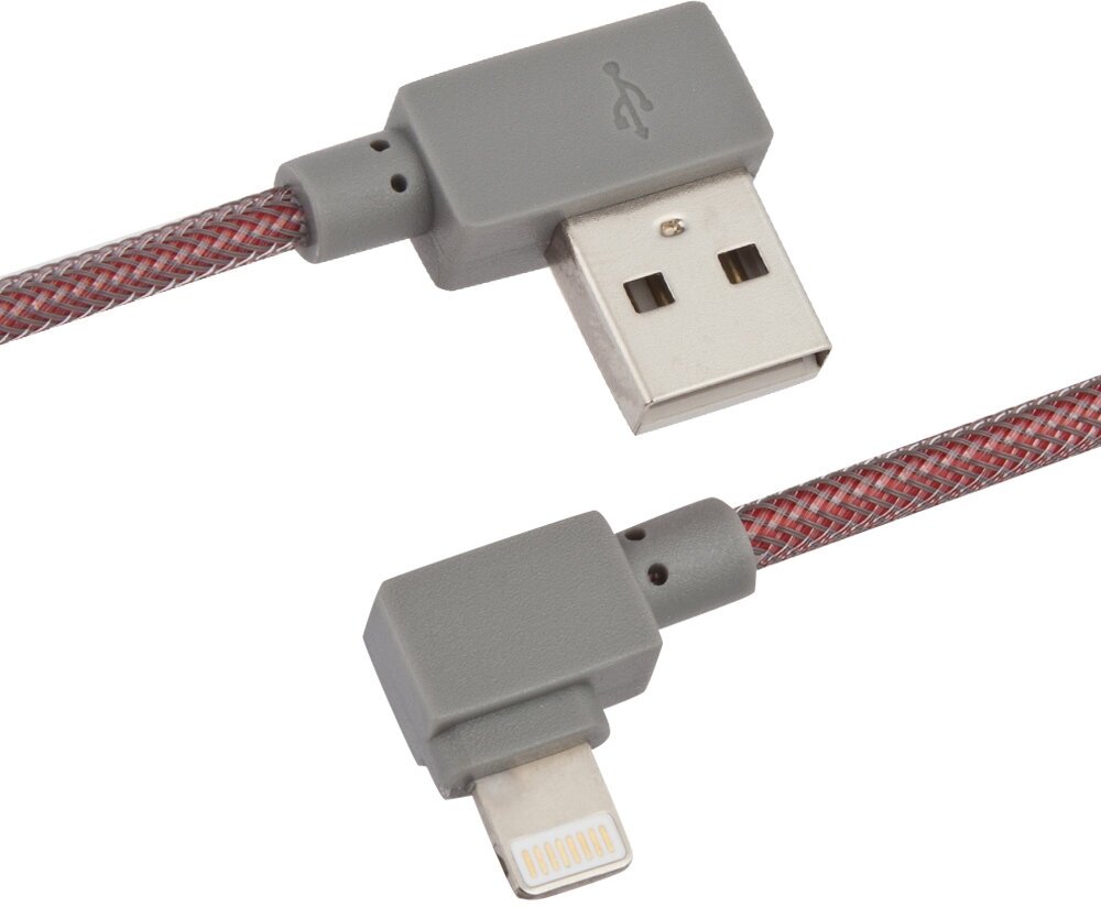 USB кабель "LP" для Apple 8 pin Г-коннектор оплетка леска (красный/блистер)