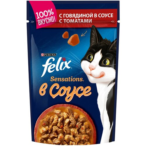 Влажный корм для взрослых кошек Felix Sensations, с говядиной, с томатами 85 г (кусочки в соусе)