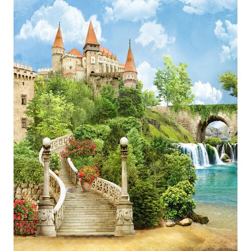 Моющиеся виниловые фотообои GrandPiK Средневековый замок и водопад, 250х280 см