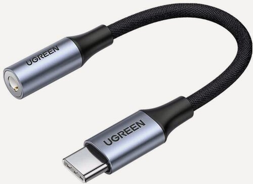 Изображение товара Аудиоадаптер Ugreen USB C - AUX Jack 3.5 мм (f) с чипом DAC (ЦАП), в оплетке, цвет серый космос, 10 см (80154)
