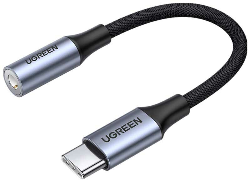 Аудиоадаптер Ugreen USB C - AUX Jack 3.5 мм (f) с чипом DAC (ЦАП), в оплетке, цвет серый космос, 10 см (80154)