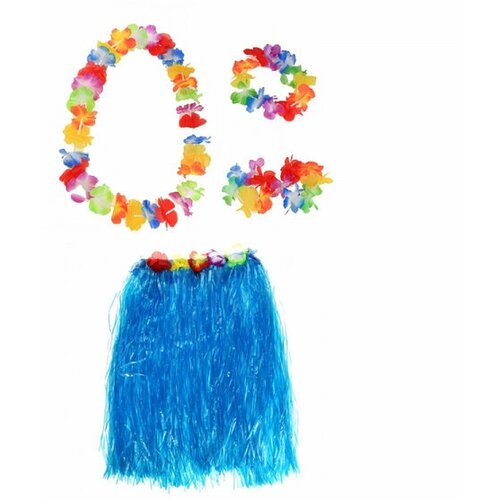 Гавайская юбка синяя 60 см, ожерелье лея 96 см, венок, 2 браслета (набор)